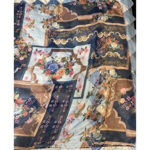 2chic Designer Silk Scarf‎ Floral Print Blue Brown Gold Luxury Accessory